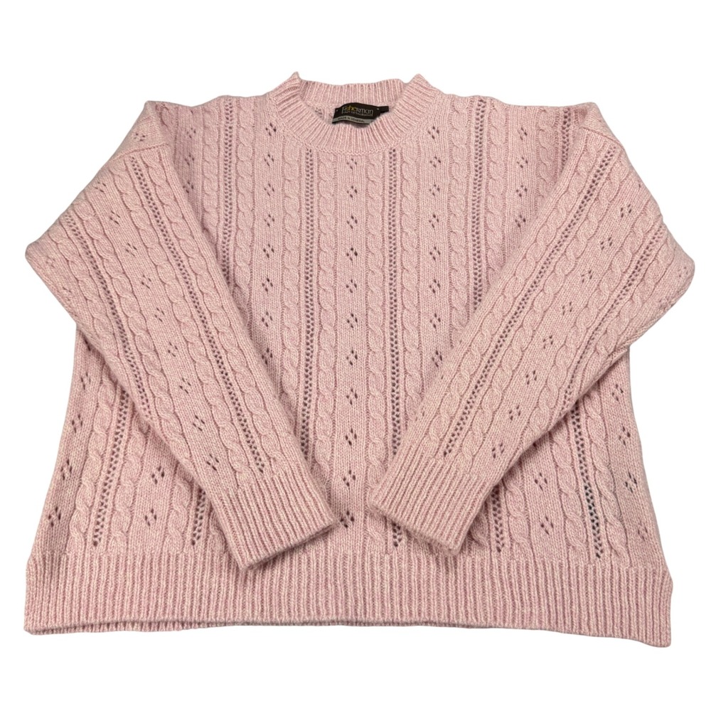 Fisherman Out of Ireland Pink Merino Cashmere Cable Knit Sweater XL Made Ireland